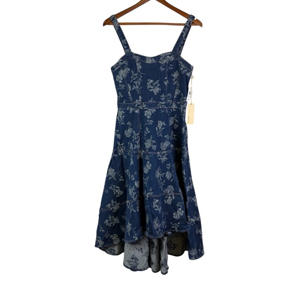 NWT Jewel Badgley Mischka Rose Print High Low Denim Dress Size 8 Dark Blue - Picture 4 of 15